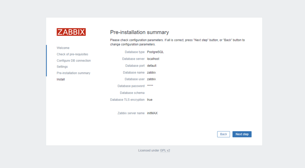 Pátý krok instalace Zabbix 6.4 a kontrola hodnot před instalací