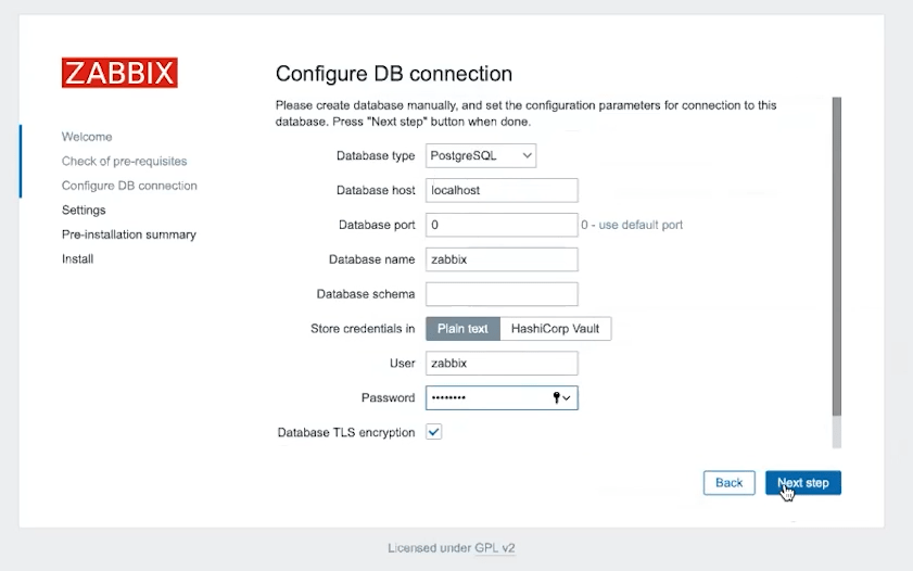 Třetí krok instalace Zabbix 6.0 a připojení do databáze