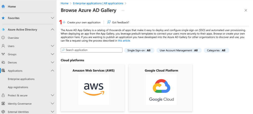 Browse Azure AD Gallery - tlačítko Create your own application