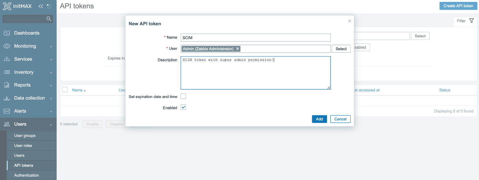 Dialogové okno pro vytvoření API tokenu