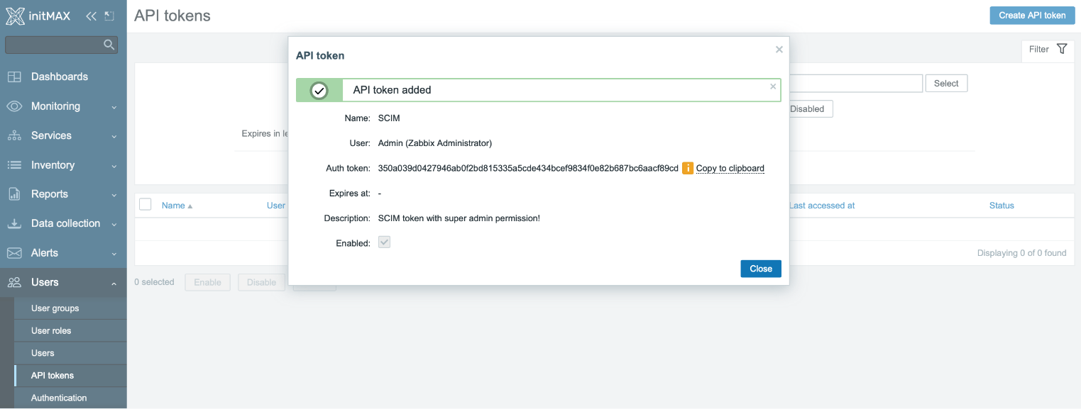 Stavové okno API token