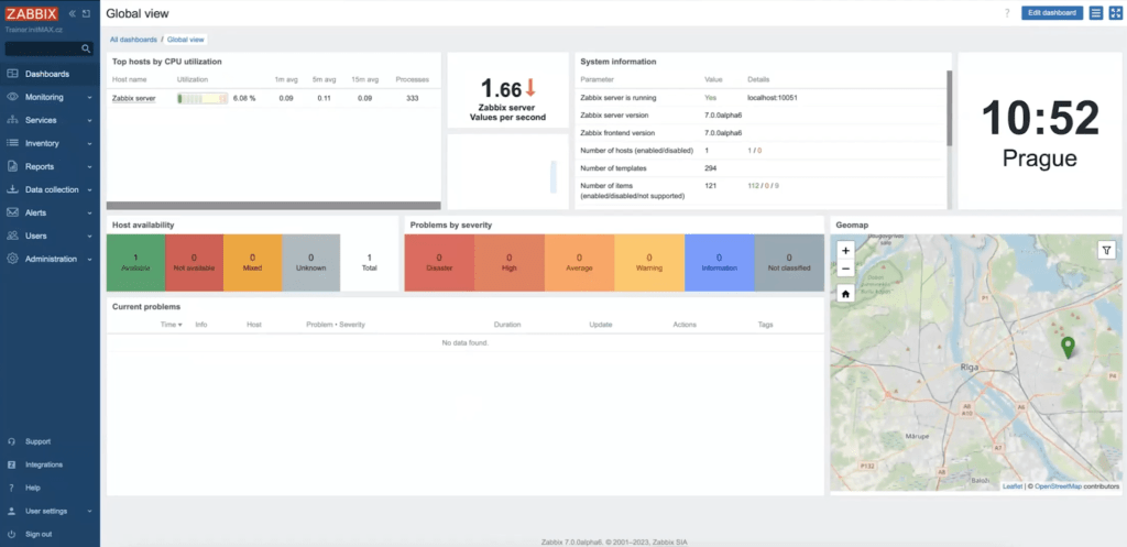Po přihlášení se zobrazí nová verze Zabbix 7.0